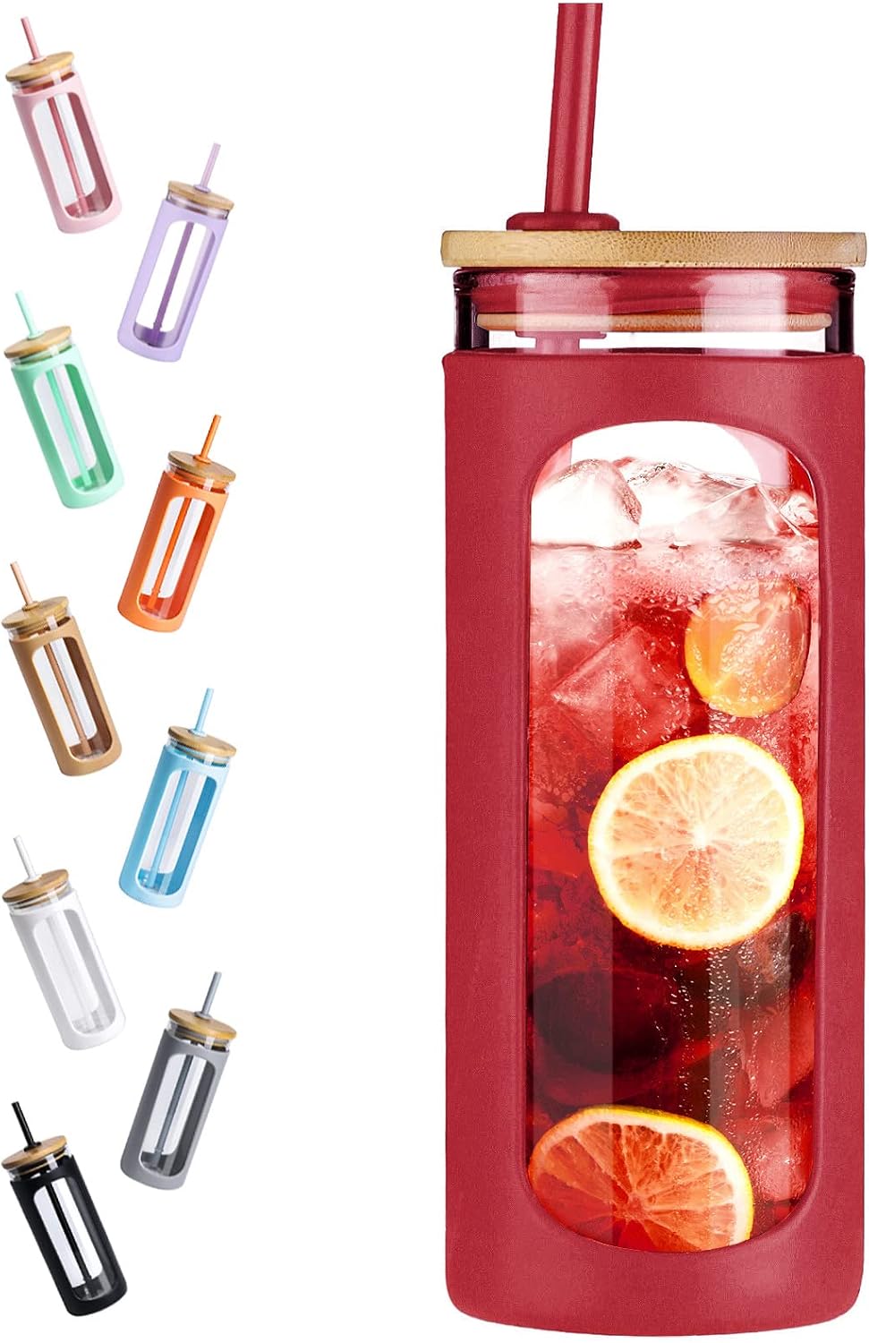 20oz Glass Tumbler with Straw and Lid, Iced Coffee Cups with Bamboo Lids, Glass Cups for Cold Drinks, Smoothie Cup with Silicone Sleeve for Travel, Work, BPA FREE-Barbados Cherry