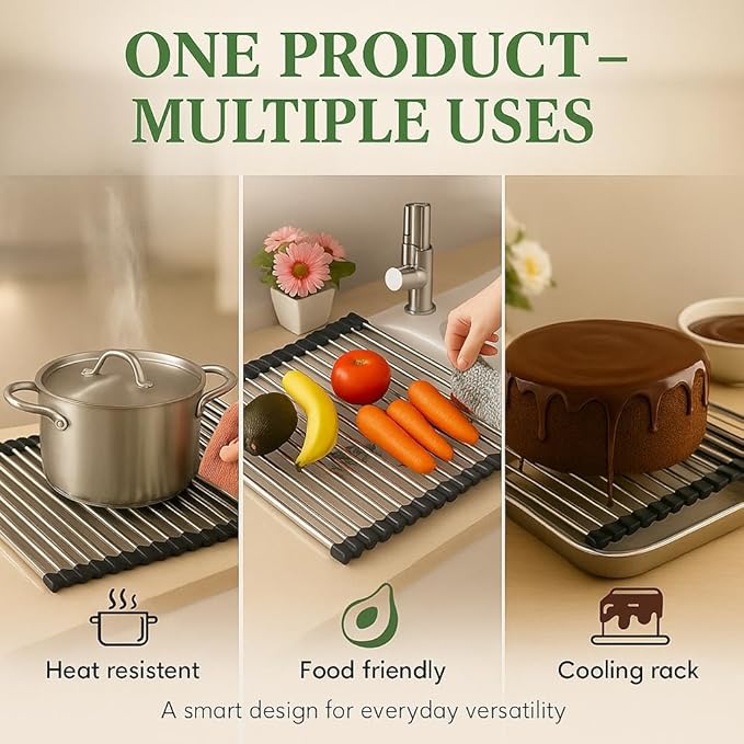 Over Sink Dish Dryng Rack - Roll Up Stainless Stell & Silicone Drying mat, Heat Resistant, Non-Slip & Foldable, Space Saving Kitchen Organizer (17.3"x 15.7")(Black)