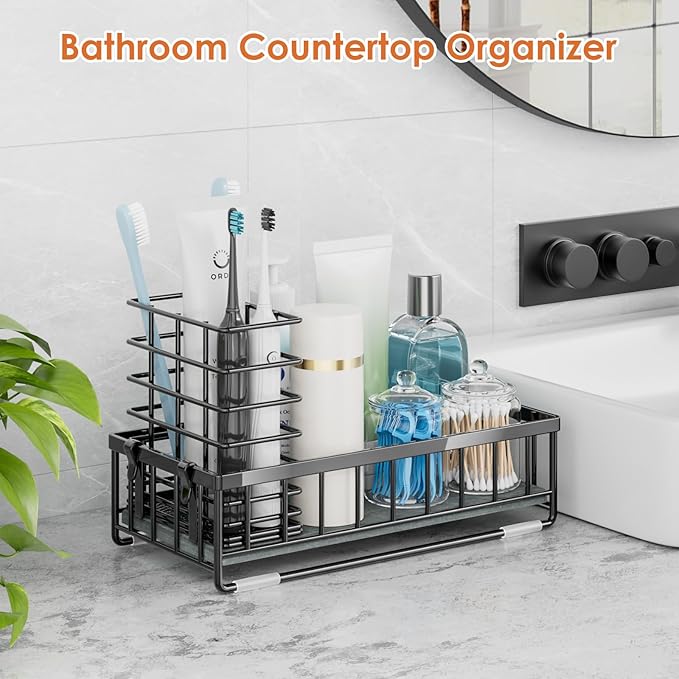 OVICAR Kitchen Sink Caddy Sponge Holder - Instant-Dry Sink Organizer with Brush Holder - Waterproof Soap Dispenser Non-Slip Countertop Organizer Storage for Kitchen Bathroom Black