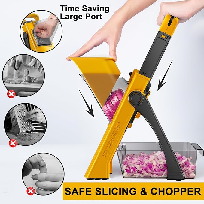[All in 1] Upgraded Version Safe Mandoline Slicer for Kitchen, Adjustable Thickness. Veggie Slicer, Rapid Prep Mandoline, Detachable Blade, Cleaning Brush (Yellow)