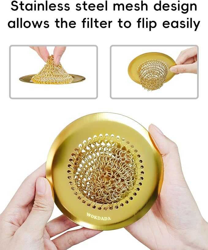 Wokdada Gold Sink Strainer, Reversible Mesh Sink Strainer with 304 Stainless Steel, Revolutionary Anti-Rust Kitchen Sink Drain Strainer Food Catcher for Garbage Disposal Without Clogging