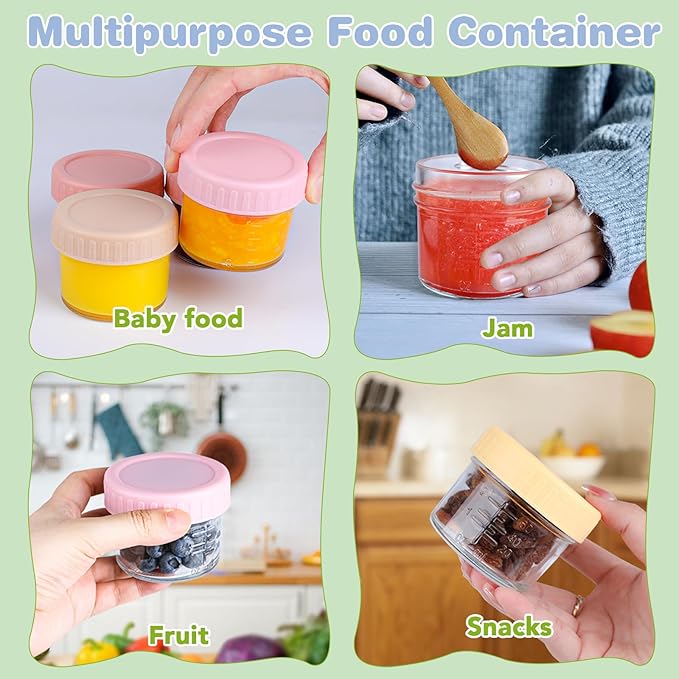 RowinsyDD 8 Pack Glass Baby Food Storage Containers, 4 oz Leakproof Baby Food Jars with Lids, Small Glass Food Containers for Infant Baby, Freezer Safe