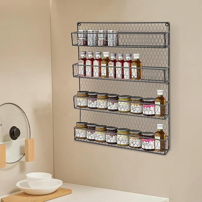 4-Tier Spice Rack Wall Mount, Metal Spice Rack for Space Saving, 17 x2 x 21 Inch Kitchen Spices Organizer, Seasoning Jar Storage Organizer Shelf Used for Kitchen