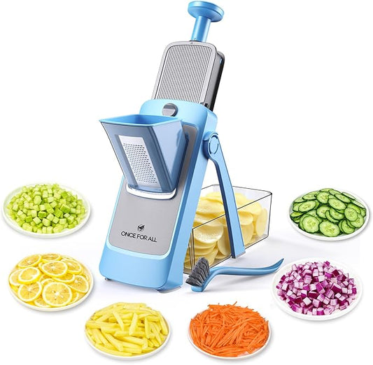 ONCE FOR ALL Safe Mandoline Slicer Pro, 4th Gen, Adjustable Thickness Vegetable Slicer For Kitchen, Food Chopper With Container, Veggie Chopper Cutter For Potato Onion Fruit, Blue