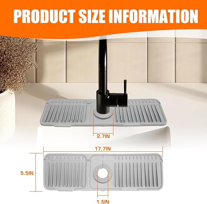 17.7" Silicone Faucet Mat for Kitchen Sink,7° Draining Mat with Snap Button Lock,Faucet Splash Guard and Sink Counter Organizer,Trim-to-Fit Kitchen Faucet Protector for Sponge Brush Cup