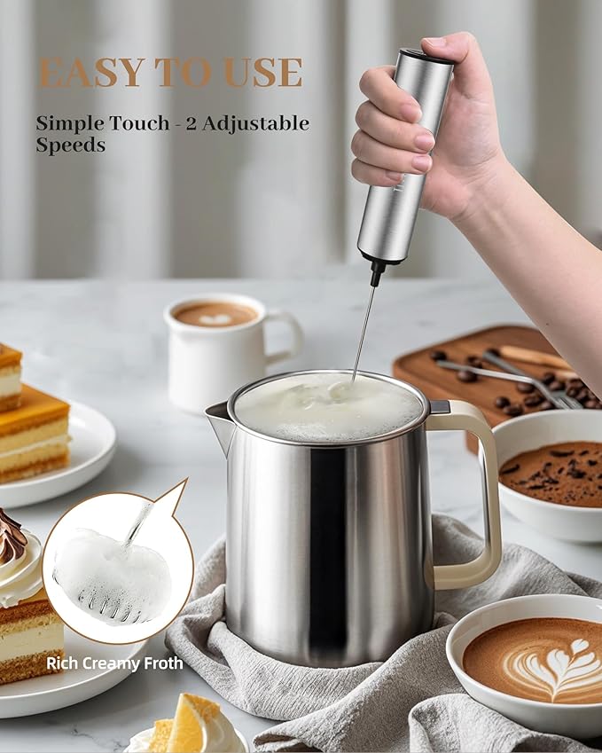 INFOOD Milk Frother Rechargeable with Cover - Coffee Frother Wand, Drink Mixer Handheld with 2 Detachable Stainless Whisks 2 Speed Adjustable for Latte, Cappuccino, Hot Chocolate, Egg, Silver