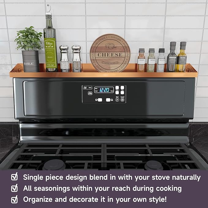 STUTOV 30" Magnetic Stove Top Shelf – Brushed Copper Spice Rack and Seasoning Organizer – Kitchen Shelf for Back of Stove – Over Stove Rack and Storage Organizer