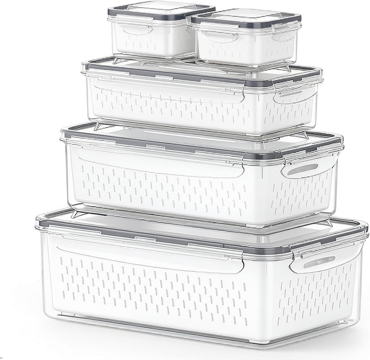 5 Pack Fruit Storage Containers for Fridge, Stackable Leakproof Food Keeper with Removable Colander, BPA-Free Produce Saver for Vegetables, Berries & Meat