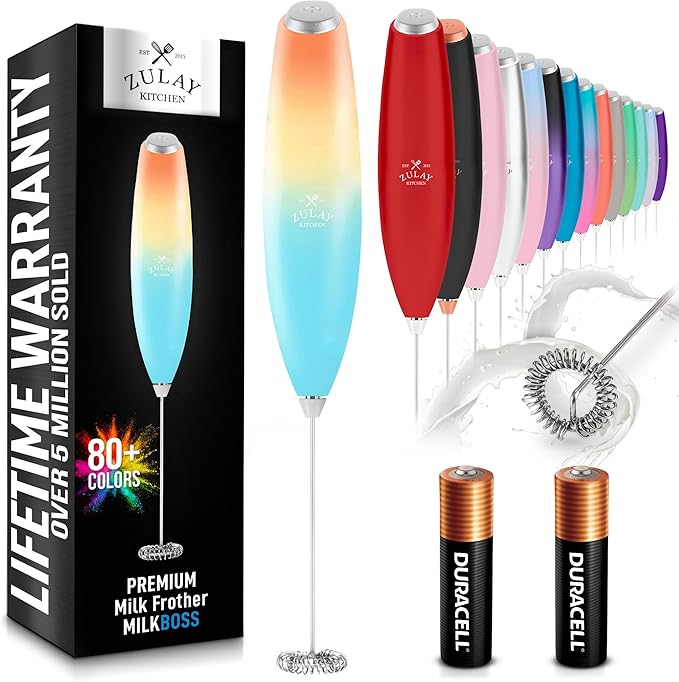 Zulay Kitchen Milk Frother Handheld Electric Whisk with AA Duracell Batteries – Durable Drink Mixer for Coffee, Lattes, Cappuccinos & More - Sunrise