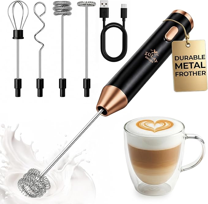 Zulay Kitchen Rechargeable Milk Frother Handheld - Frother Wand, Drink Mixer, Electric Whisk Frother, for Cappuccinos, Matcha & Protein Powder - Ultra Metal 3 Whisk, 1800mAh Black Copper