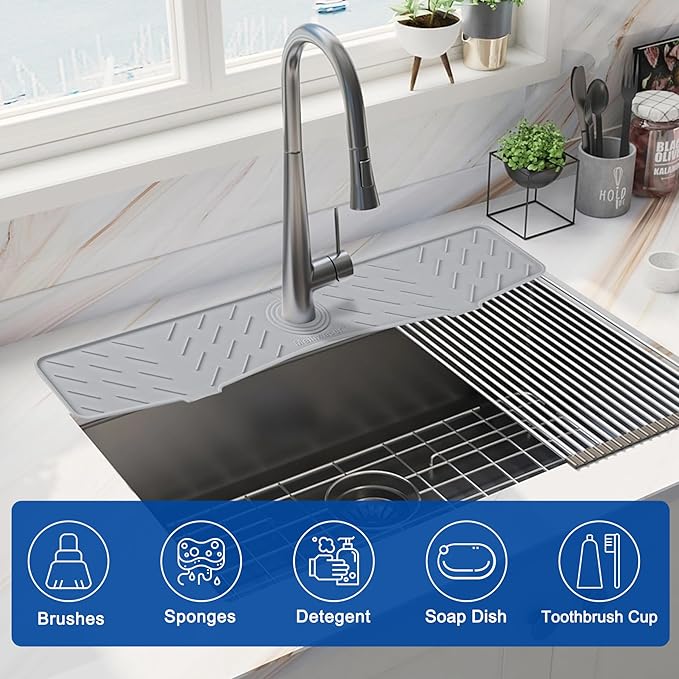 Faucet Mat for Kitchen Sink – 24” x 5.1” Extra-Long Silicone Splash Guard with 10° Slope & Upgraded Drainage – Gen 3 Sink Water Catcher & Sponge Holder for Kitchen, Bathroom (Gray)