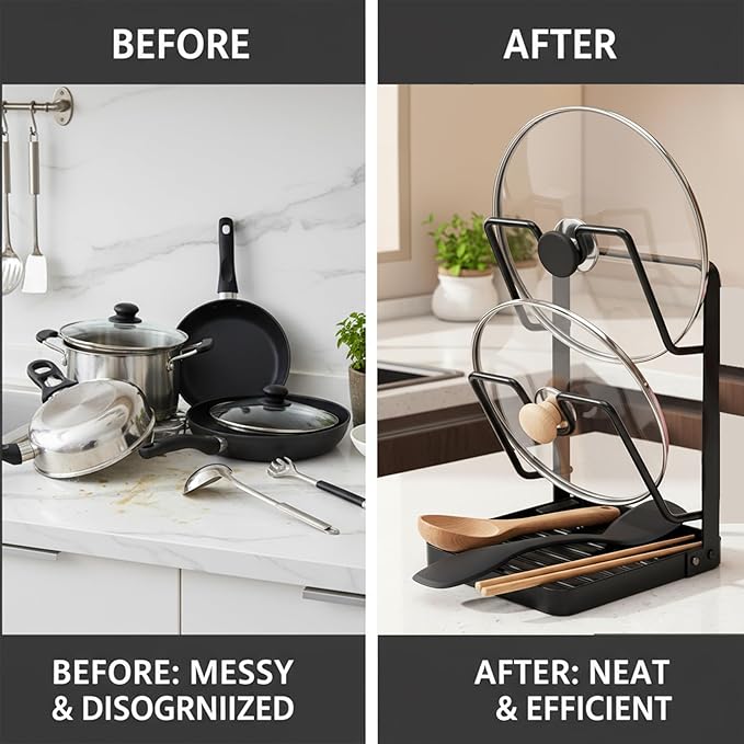 Pot Lid Holder While Cooking, 2-Tier Heavy Duty Pot Lid Organizer with Drip Tray & U-Shaped Groove, Multifunctional Storage Rack for Stove Top & Kitchen Countertop - Black