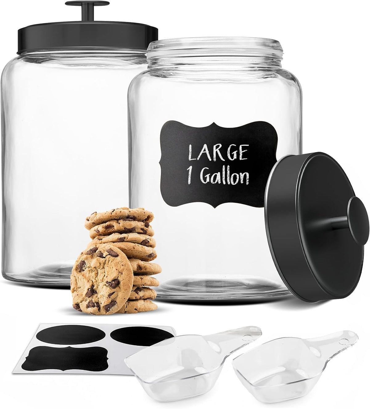 Glass Storage Containers with Lids, Glass Jar with Lid, 1 Gallon, Set of 2, Glass Canister, Storage, Laundry, Kitchen Jar, (Circular, Black)