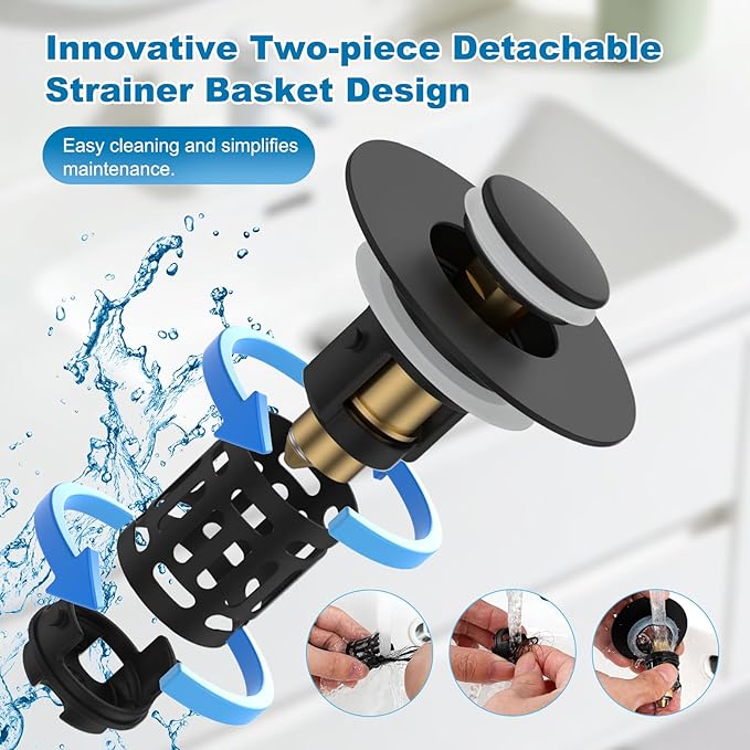 Hibbent Universal Bathroom Sink Drain Strainer, Upgraded 3 in 1 Pop Up Stopper, Removable Stainless Steel Filter Basket, Brass Bullet Core, Hair Catcher Sink Plug for 1.1''~2.36'' Hole, Matte Black