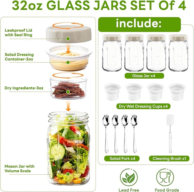 9PCS Salad Meal Prep Containers, 32oz Large Glass Salad Jars with Lids Meal Prep with 4 Forks, Leakproof Salad Container for Lunch with Separate Wet/Dry Dressing Cups for Home, Office and Outdoor