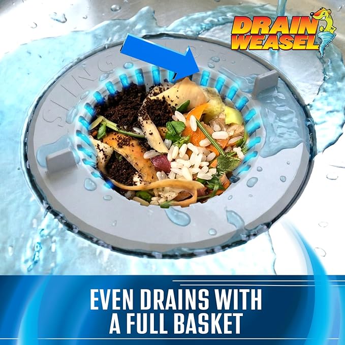Drain Weasel Slingshot Kitchen Sink Drain Strainer Cover Basket, Food Catcher and Stopper, Screen Filter, Dishwasher Safe, Silicone and Plastic, 1 Pack