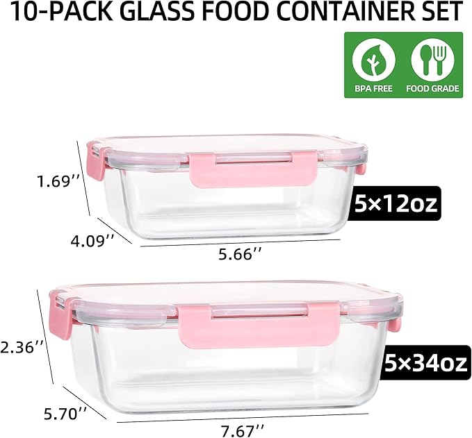 UMEIED 10 PACK Glass Food Storage Containers with Leak Proof Lids, Glass Airtight Meal Prep Containers Set for Lunch, On the Go, Leftover, Kitchen Pantry Organizers and Storage (Multicolor)