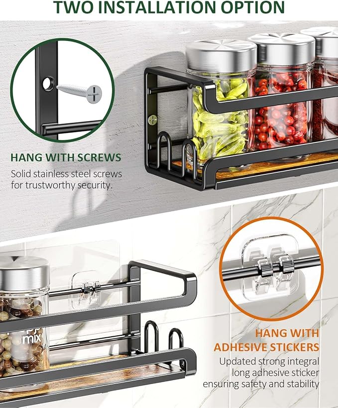 Doakhirmit 4 Pack Wall Mount Spice Rack with 16 Hooks,Hanging Spice Rack Organizer for Stove Cabinet Pantry Door, Screw or Adhesive Wooden Spice Shelf for Kitchen and RV Camper, Black