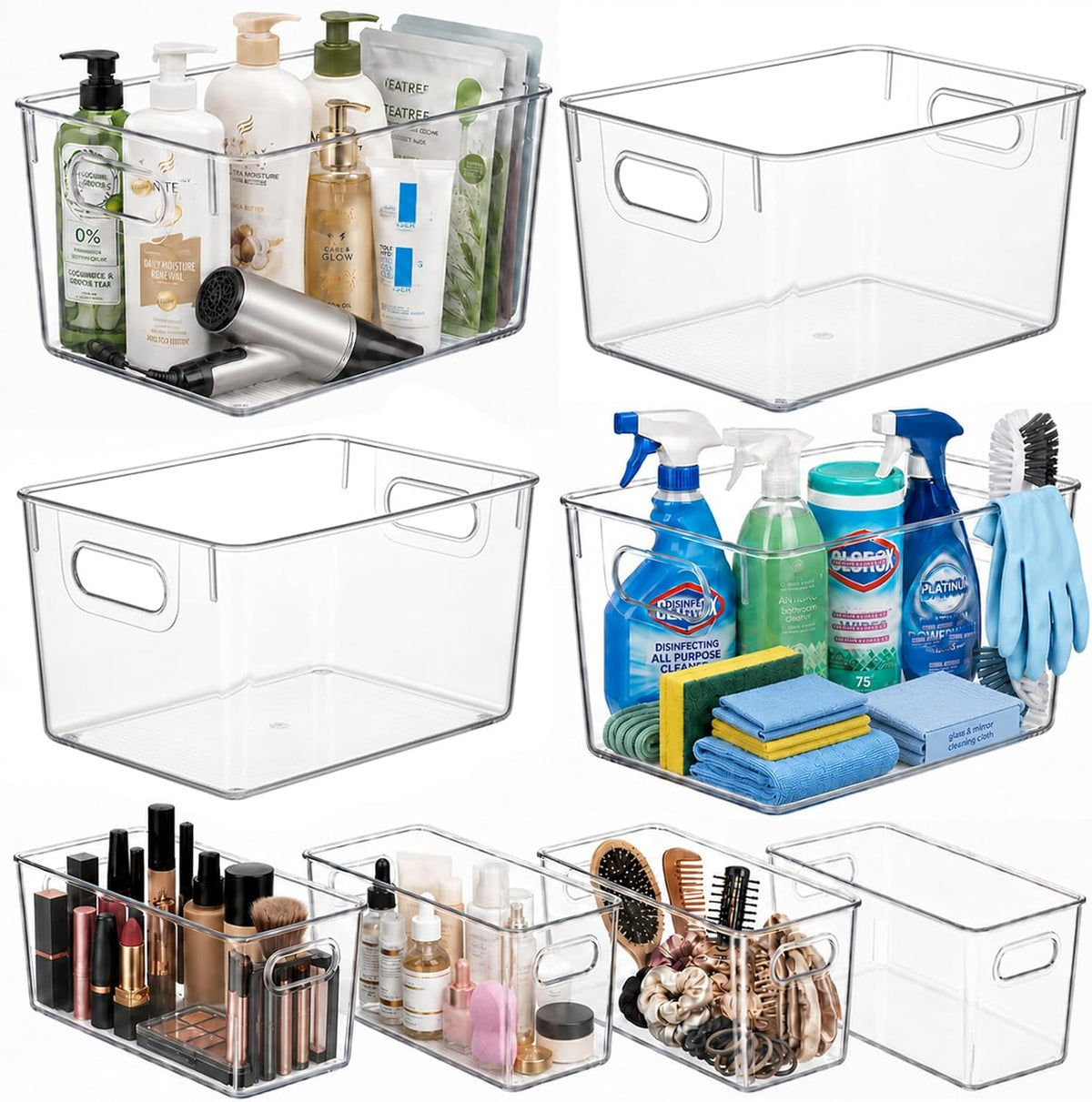 8 Pack Clear Plastic Storage Organizer Bins, 4 Large & 4 Narrow