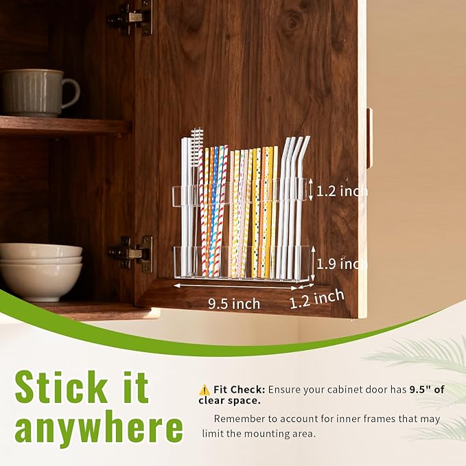Mpotmiy 9.5” Large Acrylic Straw Holder for Cabinet Door 2 pack - Reusable tumbler straw organizer, Compact Kitchen Gadget Container, adhesive cupboard door organizer (Transparent)