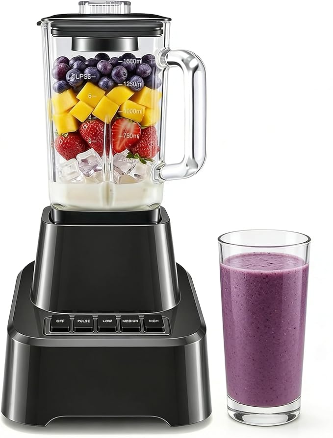 Simple Deluxe Blender for Smoothies, 850W Powerful Countertop Blender for Kitchen, 54oz Large Glass Pitcher, 4 Speeds with Pulse for Ice Crushing, Frozen Fruits, Juicers, Dishwasher Safe, Black
