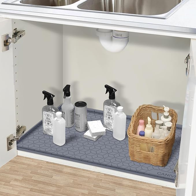 Under Sink Mat, 34" x 22" Waterproof Silicone Under Sink Tray for Kitchen & Laundry Cabinets, Kitchen Cabinet Shelf Protector