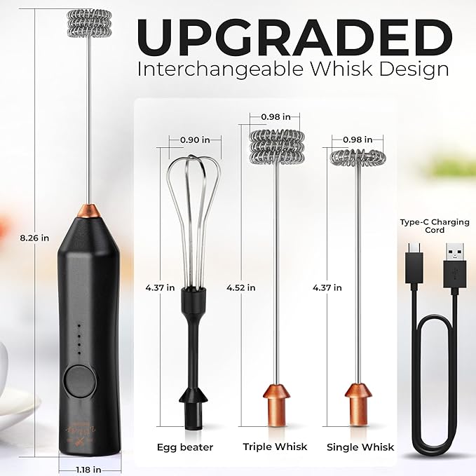 Zulay Kitchen Rechargeable Milk Frother Handheld - Frother Wand, Drink Mixer, Electric Whisk Frother, for Cappuccinos, Matcha & Protein Powder - Dynamic 3 Whisk, 3 Speed 500mAh Black Copper