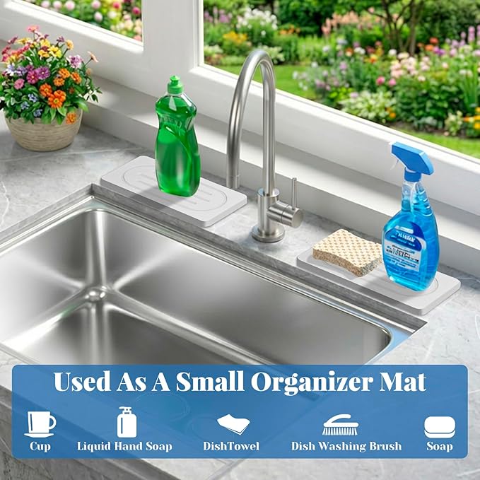 Water Absorbing Stone Drying Tray Mat, Countertop Fast Drying Counter Trays, Stone Drying Mat for Kitchen Counter Faucet, Soap Dish Dispenser Vanity Organizer for Hand Soaps Plants Toiletries