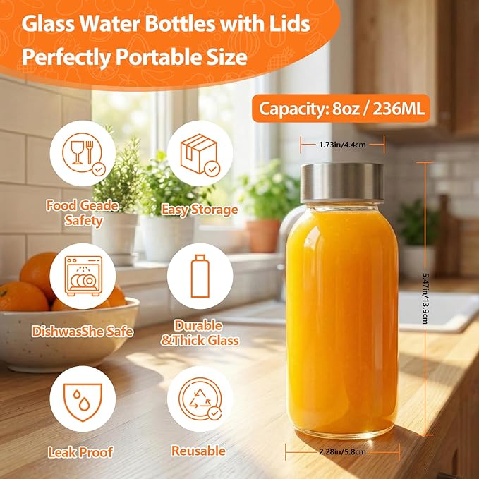 Luxfuel 8 oz Glass Water Bottles with Lids, 10 Pack Small Glass Juice Bottles with Stainless Steel Caps & Funnel, Leak-Proof Containers for Juicing, Milk, Ginger Shots, Smoothies, Wellness Drinks