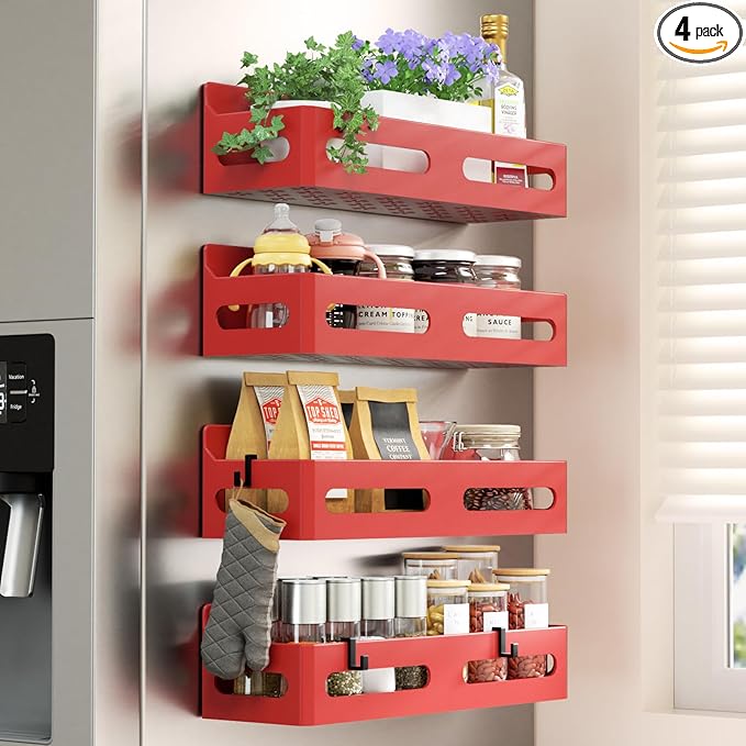 Sevenblue 4 Pack Strong Magnetic Spice Rack for Refrigerator, Multipurpose Magnetic Shelf for Fridge with 4 Hooks for kitchen and Bathroom Organization, Red