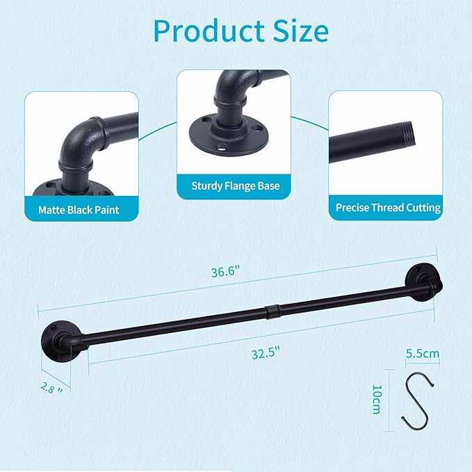 38 inch Pipe Hanging Rail for Pots, Pans, Lids, Kitchen Utensils, Wall Mounted Rail Rack Pipe Bar with 10 S Hooks Indutrial Style, Black