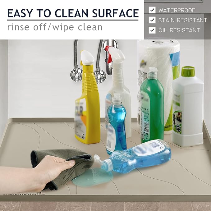 Heavy Duty Silicone Under Sink Mat for Kitchen&Bathroom 28" x 19", Waterproof Under Sink Rubber Mat Drip Tray, Raised Edge Under Sink Liner,Prevent Drips, Leaks, Spills,Brown