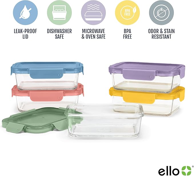 Ello Color Lock 8PC Mixed Glass Food Storage Sets, Leak-Proof Glass Food Storage Containers