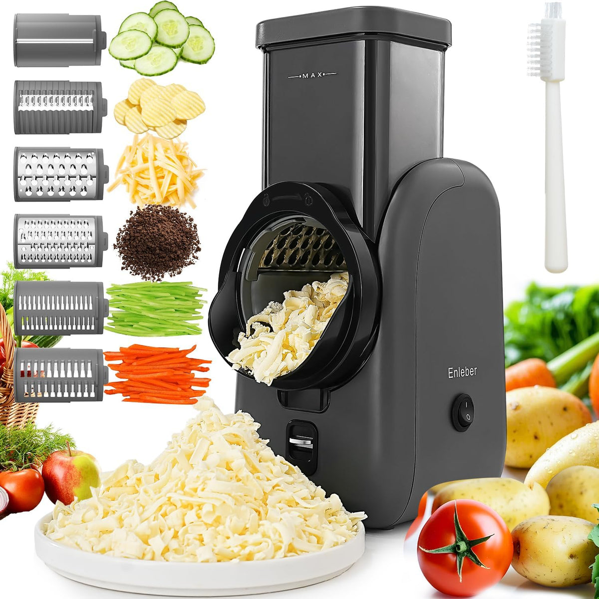 Electric Cheese Grater Rotary Slicer-One-Touch Control Vegetable Slicer, Nuts Grinder Cheese Shredder for Home Kitchen Use, 6 Replaceable Stainless Steel Blades(Black)