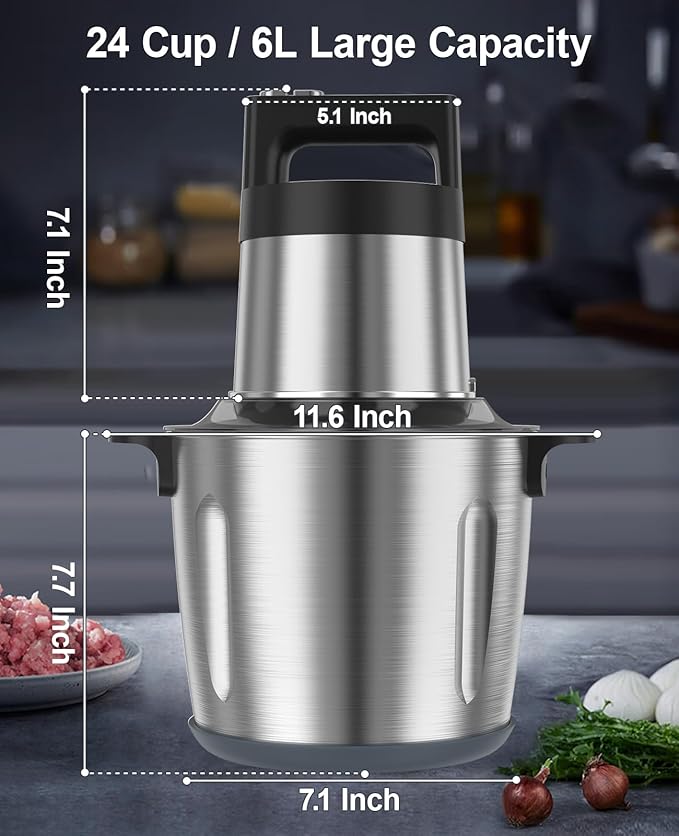 1500W Food Processor, 24 Cup Electric Food Chopper Meat Grinder with 2-Speed, Tri-Level 6 Blades, Stainless Steel Bowl For Vegetable, Nuts, Onion, Garlic, Baby Food & Family Use