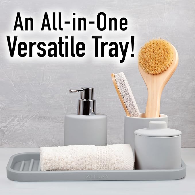 Zulay Kitchen (9x3.5in Sponge Holder for Kitchen Sink - Flexible Heavy-duty Multipurpose Sink Caddy - Counter Organizer for Kitchen, Bathroom, Makeup, Trinkets & More! (Grey)