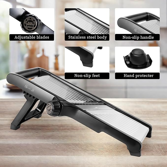 Adjustable Mandoline Slicer 5-in-1 Stainless Steel Vegetable Cutter with Ultra Sharp Blades, Julienne Slicer & Shredder for Potato, Onion