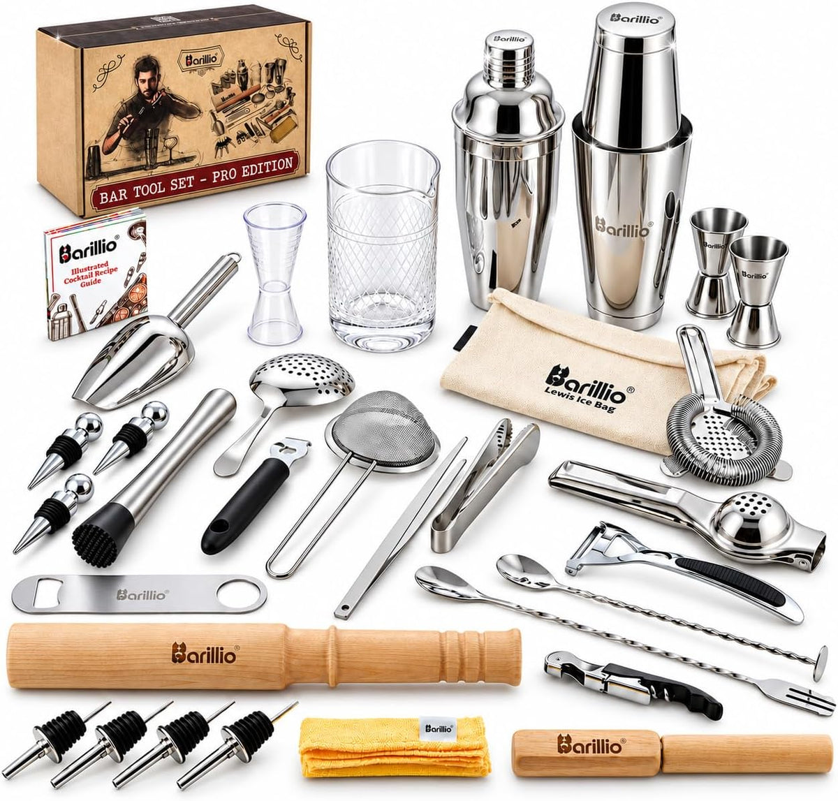 Bar Tool Set Pro Edition - Stainless-Steel Cocktail Shaker Set - Mixology Bartender Kit w/Boston Shaker, Drink Mixer & Muddler for Cocktails - Home Bar Accessories - 32-Pc Bar kit