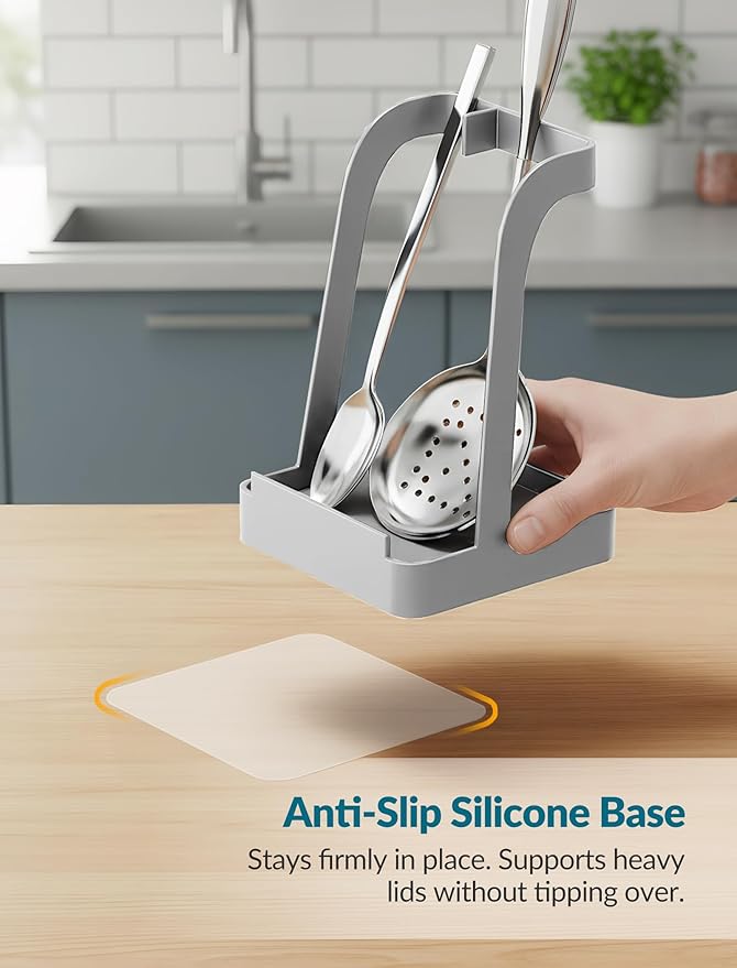 NiHome Upgraded Pot Lid and Spoon Rest with Diatomite Absorbent Tray & Silicone Anti-Slip Pad – Sturdy Metal Frame, Multifunctional Ladle Holder for Kitchen Countertop, 3.9"x3.9"x6" (Gray)