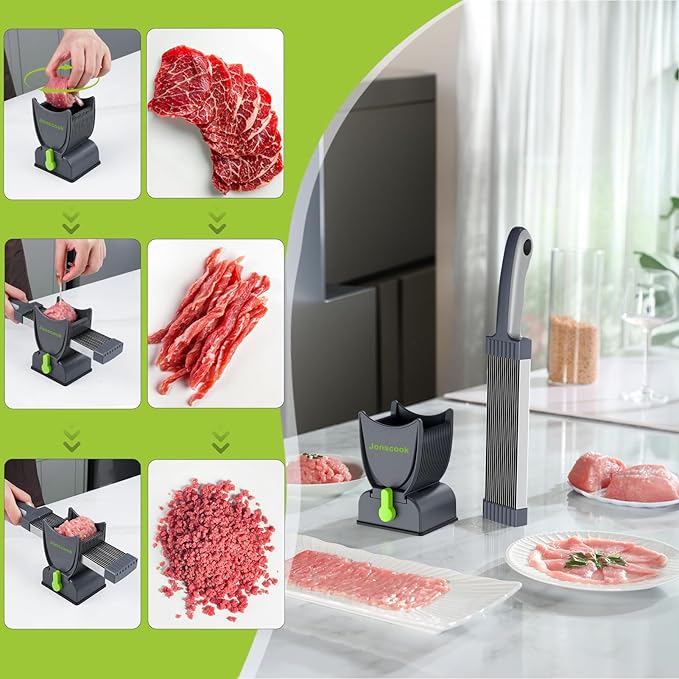 Fresh Meat Slicer, Manual Meat Slicer for Fresh Raw Meat, Meal Prep for the Week, Adjustable Thickness 2mm or 4mm, 17 Blades get 18 Meat Slices, Meat Cleavers can be Sliced, Striped, Diced -Gray
