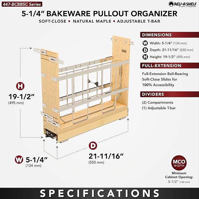 Rev-A-Shelf 5" Pullout Wooden Bakeware Organizer w/Ball Bearing Soft-Close for Full Height Base Kitchen Cabinets, Foil Wrap/Tray Divider, Min Opening Width of 5.5", 447-BCBBSC-5C