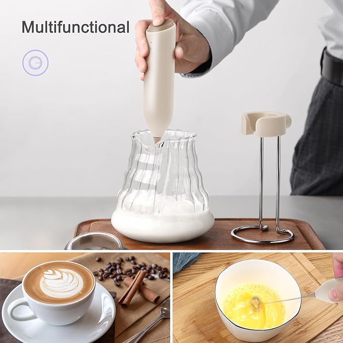 Rechargeable Coffee Frother by ELMWAY, Electric Milk Frother with Charging Stand & Wall Mount, Handheld Drink Mixer, Foam Maker for Coffee, Matcha - Beige