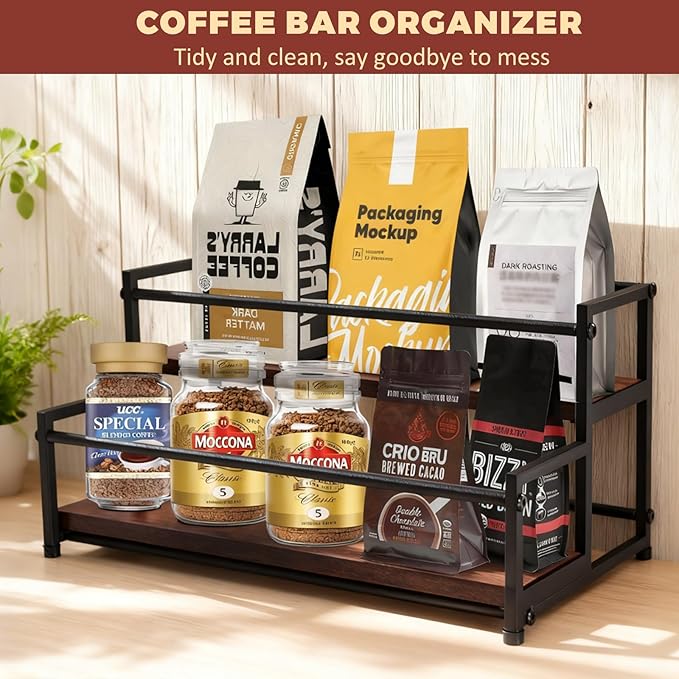 Coffee Syrup Rack Organizer - Metal Bottle Holder for 10 Bottles – Rustic Countertop Display Shelf for Coffee Bar, Kitchen Cabinet, Pantry Storage for Syrups, Liquor, Spice, Tea & Wine (2-Tier)