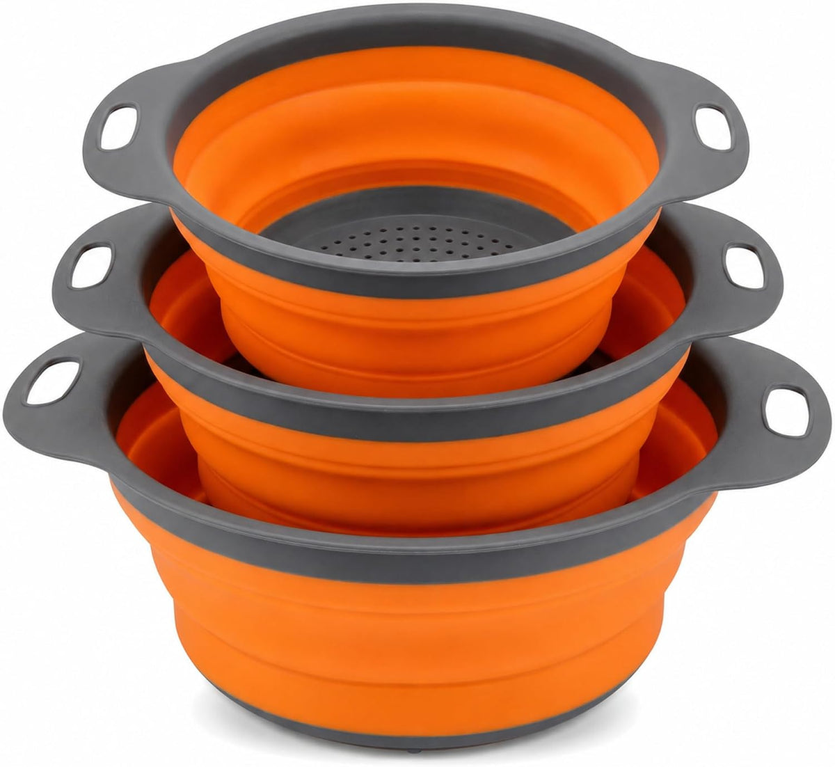 3-Piece Collapsible Colander Set, 2/4/6 Qt With Handles（Orange）