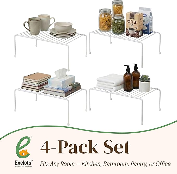 Evelots Kitchen Cabinet Wire Shelf Organizer/Rack - 4 Pack Sturdy Metal Shelf Risers - Double Your Counter Space - Great for Kitchen, Freezer, Pantry and Bathroom - Rustproof - White