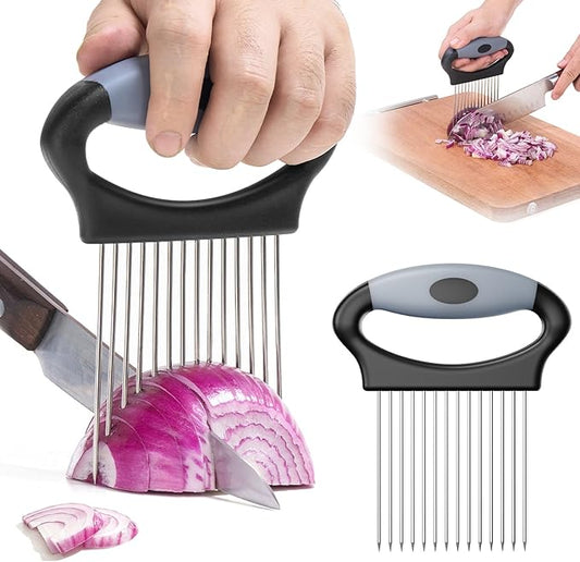 Large Onion Slicer Holder, Stainless Steel Onion Holder for Slicing with 14 Sharp Prongs for Slicing of Tomato, Avocado, Vegetable Chopper Meat Tenderizer for Fruit Prep (CarbonBlack)