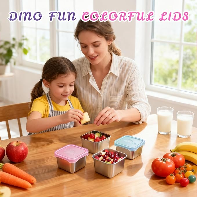 Tanjiae 6-Pack Small (6 oz) Stainless Steel Snack Containers for Kids, Easy-Open Toddler Snack Containers with Lids - Cute Dinosaur Small Stackable Metal Lunch Box for Daycare, School, Travel