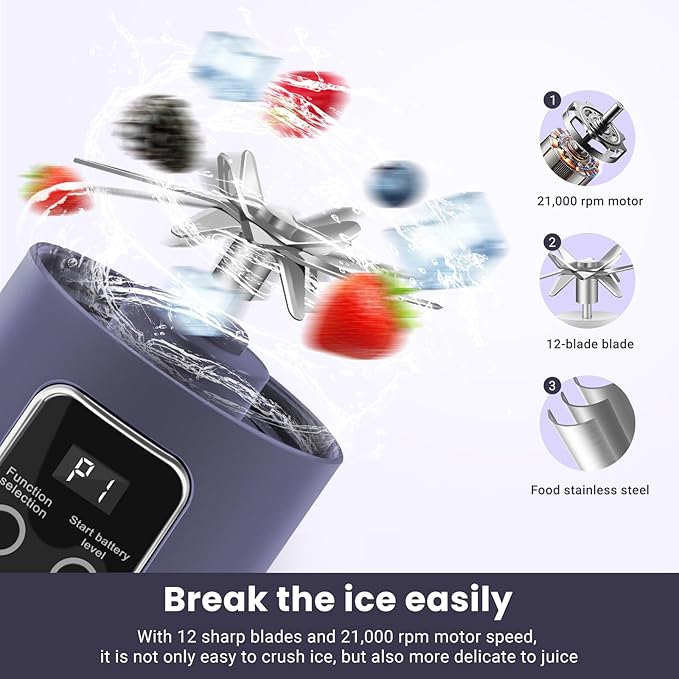 Portable Blender Personal Electric USB | 500ml Portable Juicer for Shakes and Smoothies | Small Blender for Mixing | Compact Convenient Versatile Kitchen Small Appliance for Home (Purple)