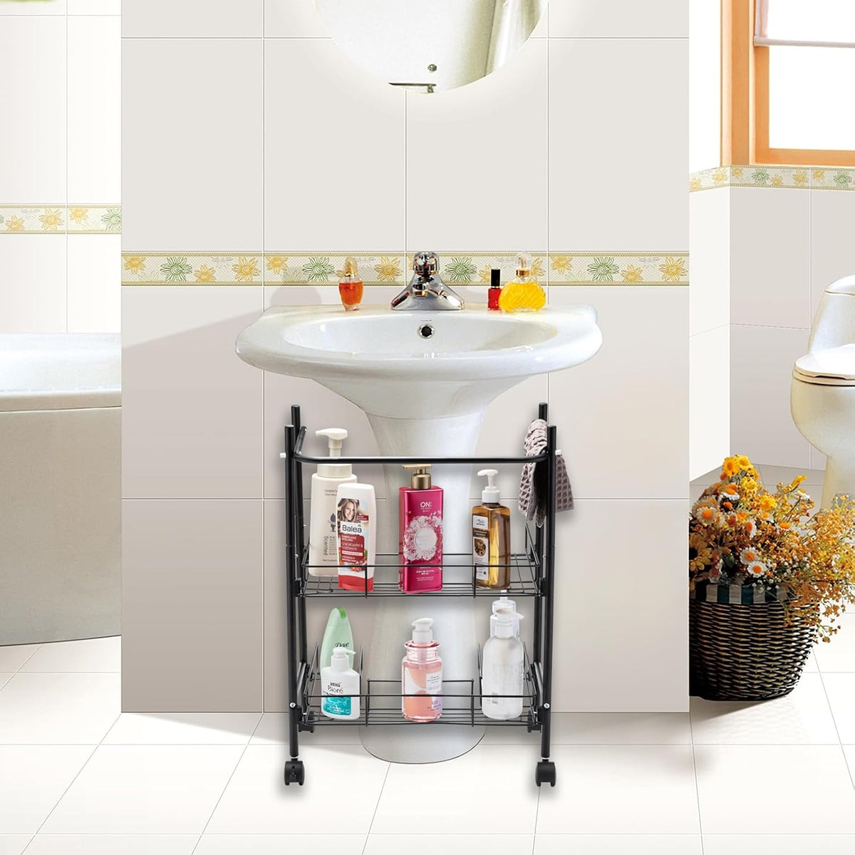 2-Tier Under Sink Organizer Multipurpose Movable Rolling Cart Storage Cabinet Basket for Bathroom Kitchen with Hand Towel Bar, Black