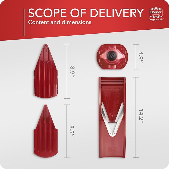 Borner Mandoline Food Slicer V1 (Basic Set) by Reston Lloyd • V-Slicer with Food Holder • Made in Germany • Fruit & Vegetable Chopper • Multiple Settings • Color: Red